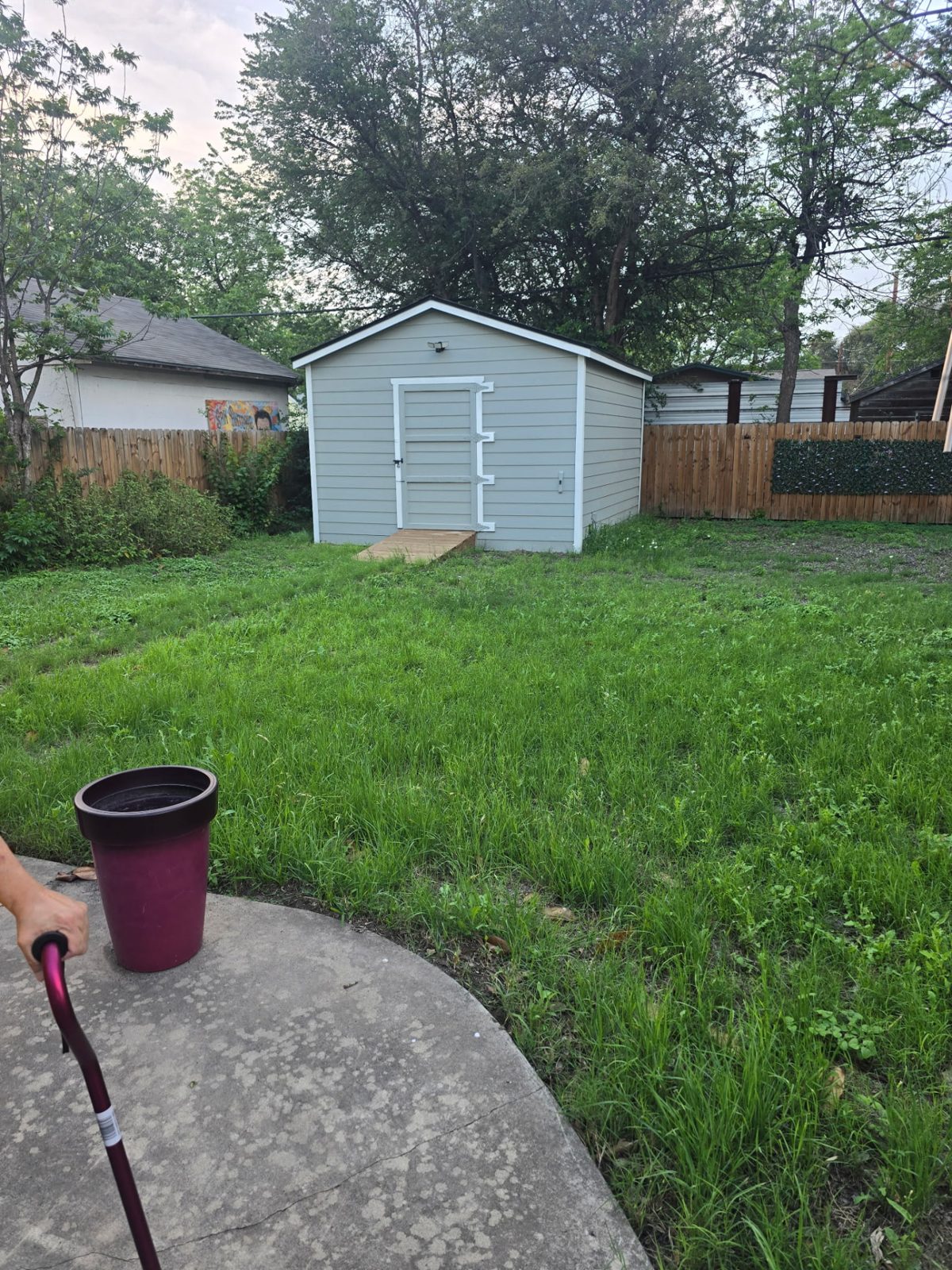 Gray backyard storage shed with white trim and a wood ramp